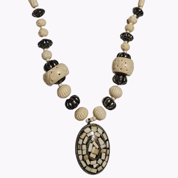 Tribal Beaded Pendent Necklace Mosaic Artisan Statement Chunky Fashion Jewelry - Picture 2 of 7